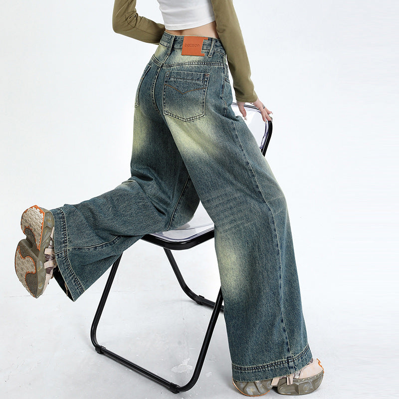 2025 popular retro blue n jeans women's early autumn new heavy industry washed fashion versatile wide leg mopping pants tide