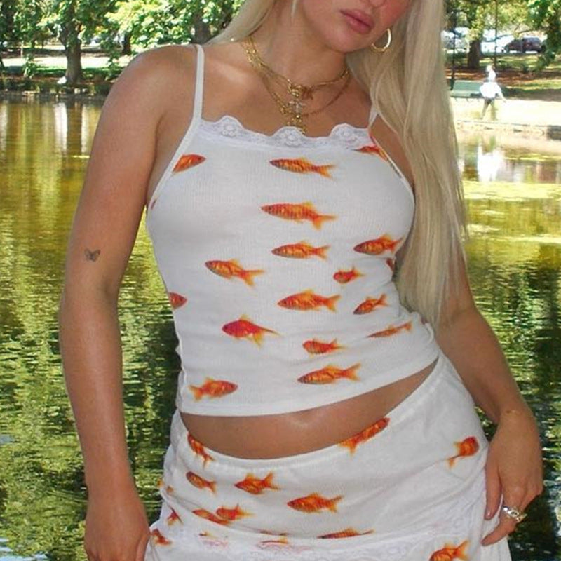 qgtao dti outfits Gentle Style Sexy Sling Top Fashion Goldfish Pattern Casual Temperament Cake Skirt Suit Women
