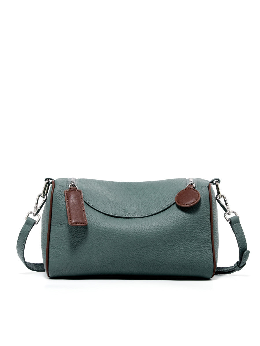 2025 Versatile and simple first-layer cowhide women's bag, genuine leather Boston bag, shoulder messenger bag, textured pillow bag.
