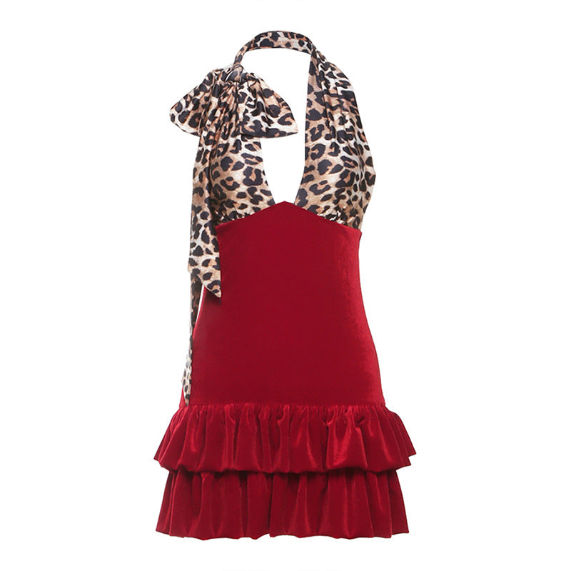 2025 style popular autumn new women's clothing leopard print lace-up neck deep V-neck slim-fit backless dress