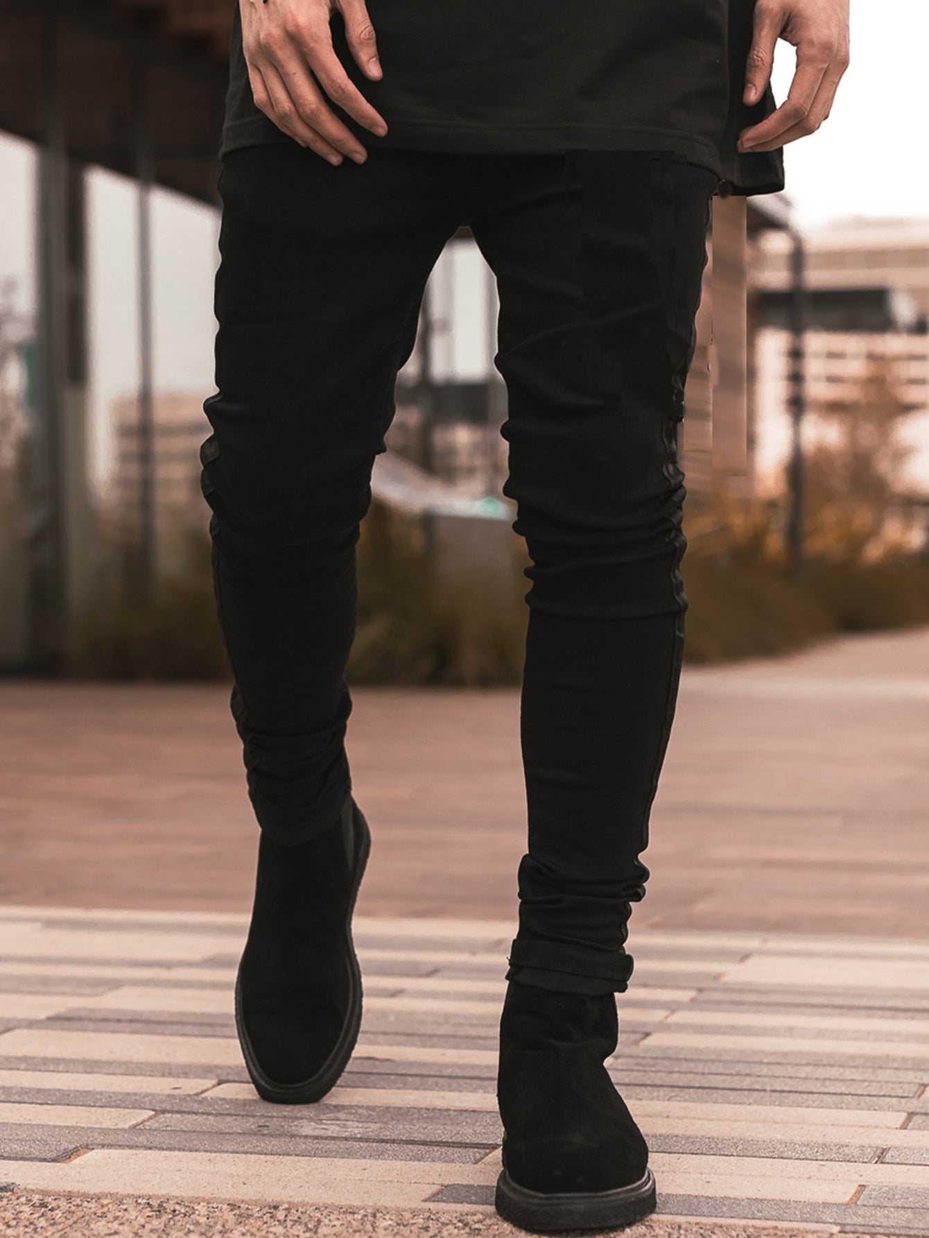 2025 2025 ins new denim men's trousers New Popular trade ripped trend black slim-fitting high-waisted jeans men