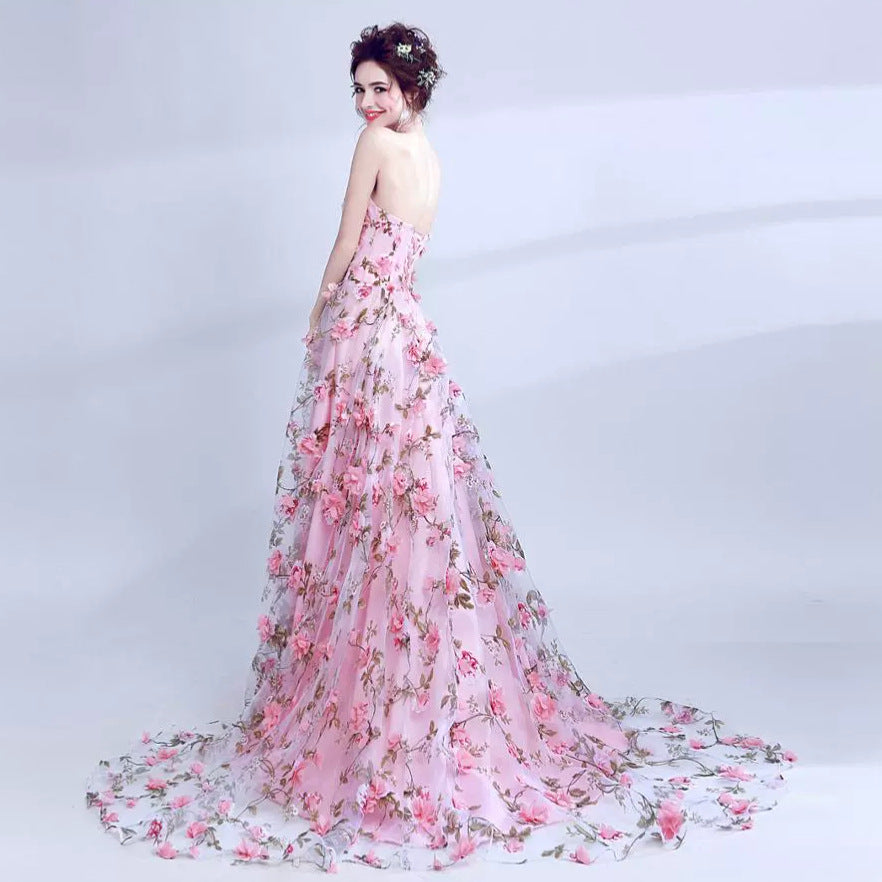 2025Evening dress women spring and summer new bean pink tube top bride wedding banquet annual meeting evening dress factory supply