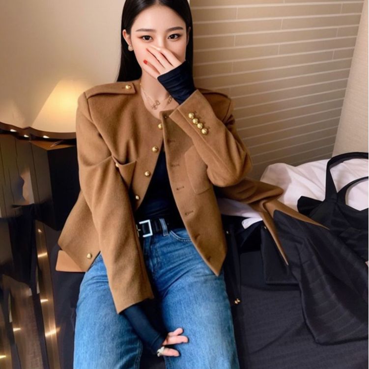 celebrity style thin short coat women's early autumn new double pocket small versatile crew neck jacket K6030