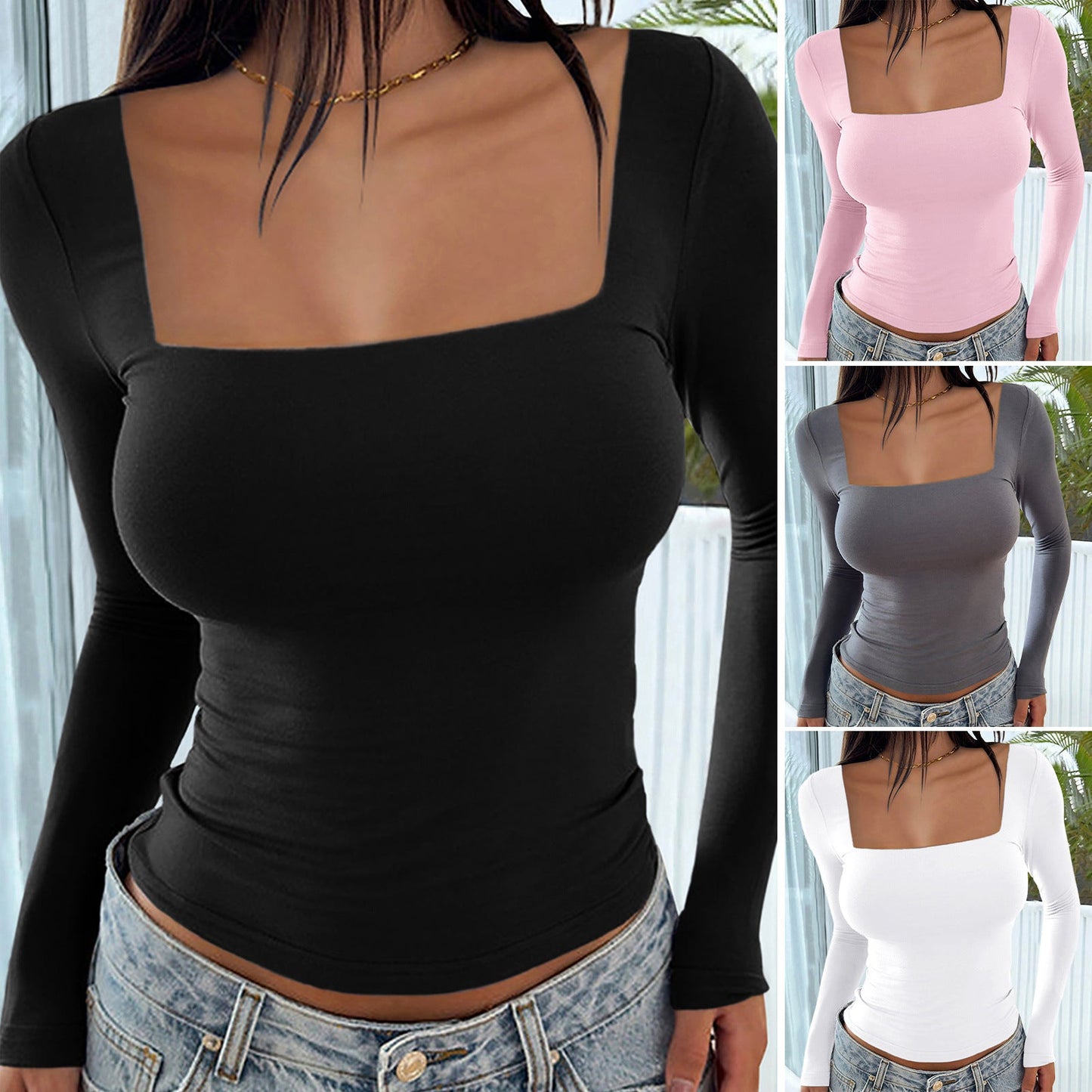 qgtao 2000s fashion 2024 Spring and Summer Y2g New Square Collar Long Sleeve Pullover Tight Casual Fashion Top for Women