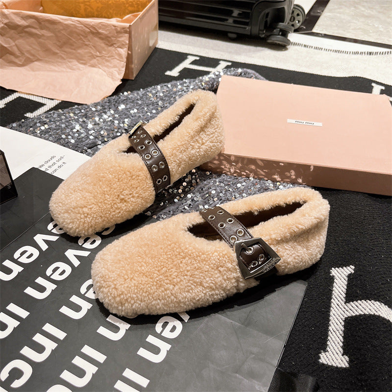2025 Korean version of one-word Mary Jane autumn and winter new Doudou women's shoes plush flat-soled fluffy shoes single shoes cotton ladyshoes