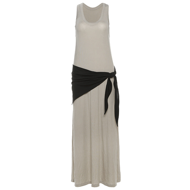 2025 style popular summer new women's clothing high-end temperament loose hip-wrapped solid color waist-sealed dress