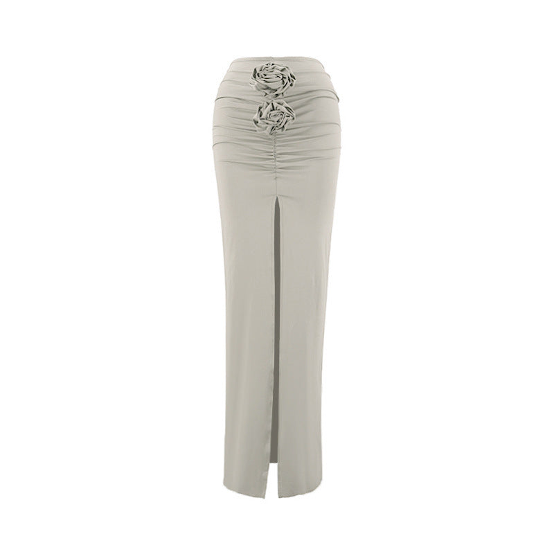 qgtao classy demure mindful dress to impress 2024 Socialite Summer High-Grade Solid Color Slim-Fit Three-Dimensional Flower Split Draping Belly-Covering Skirt