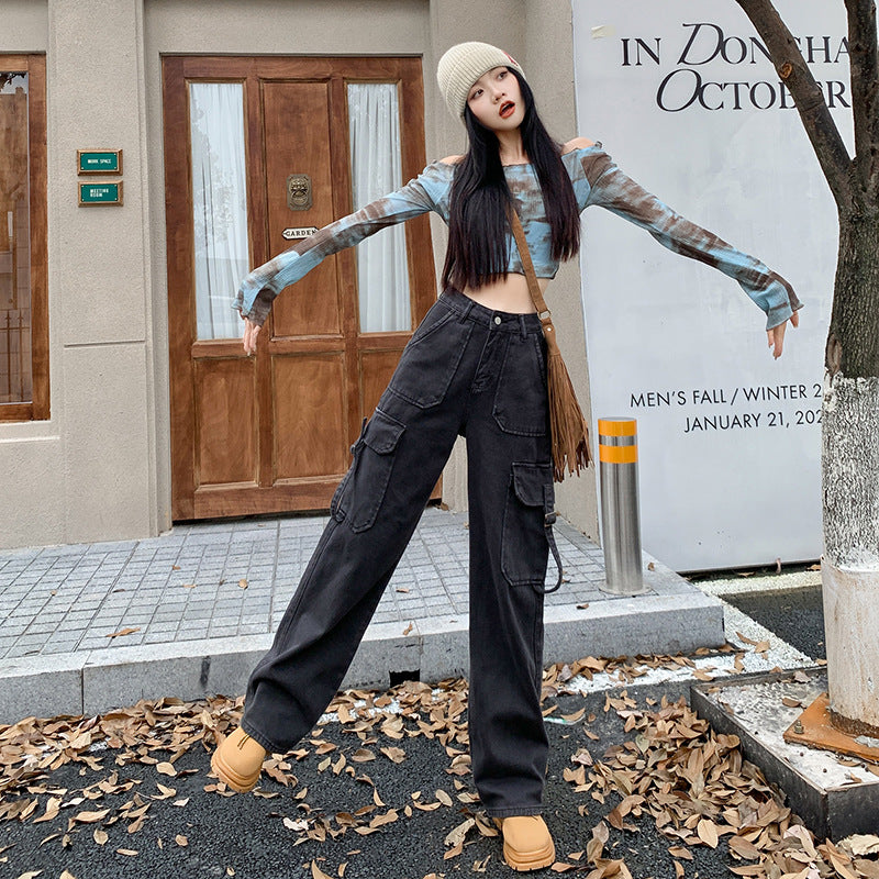 2025 n high street retro overalls jeans women's summer high waist loose wide leg casual pants straight pants long pants