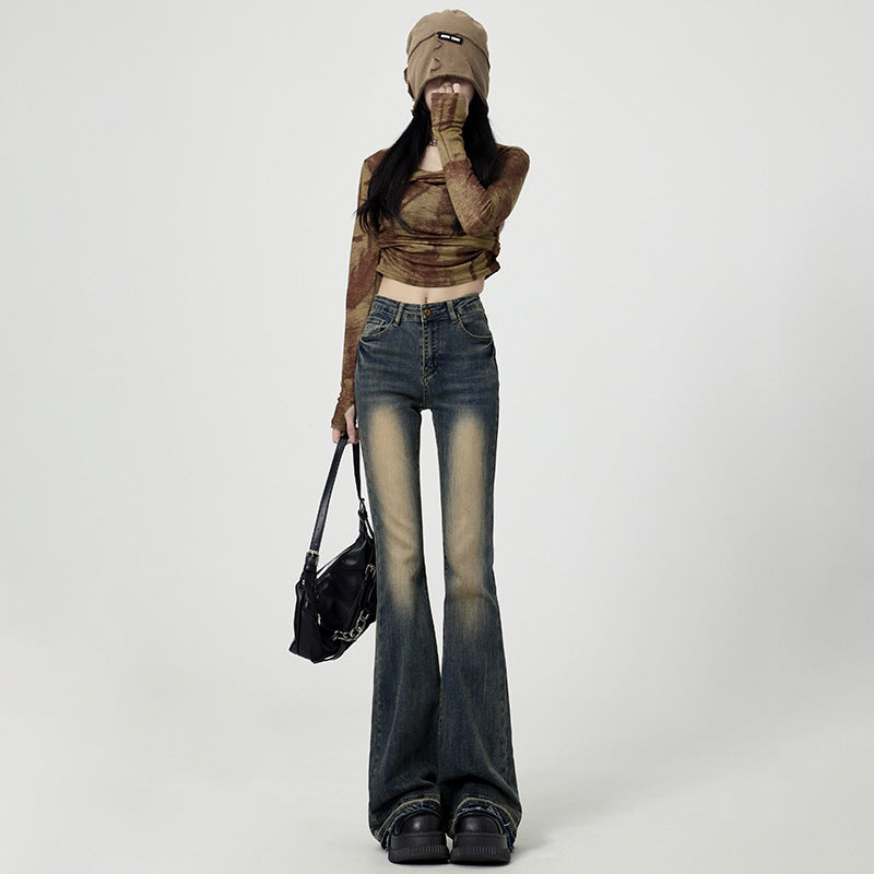 qgtao 2000s fashion Vintage Washed Jeans Women's High Waist Skinny 2024 New Autumn American Style Frayed Flared Horseshoe Pants