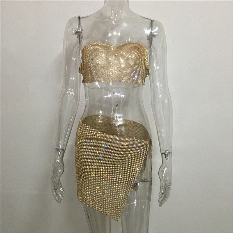 qgtao dti outfits Fashion Nightclub Women's Personalized Rhinestone Metal Tube Top Skirt Suit Hot Girl Flash Diamond Top