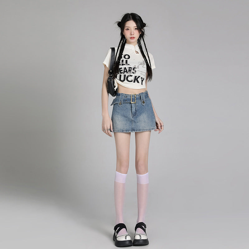 2025 Blue denim short skirt women's summer popular new high-waisted A-word thin and versatile retro n sweet short skirt