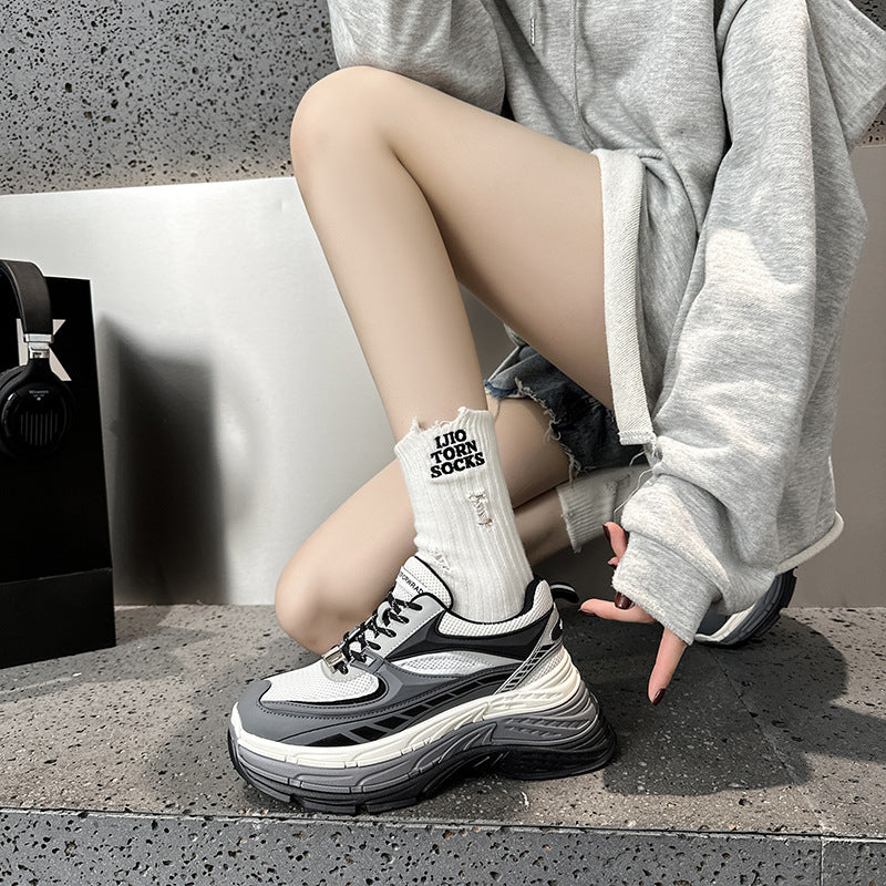 2025 Dad shoes women's popular spring and autumn new leather heightened thick-soled mesh breathable couple casual sports shoes women's trendy shoes