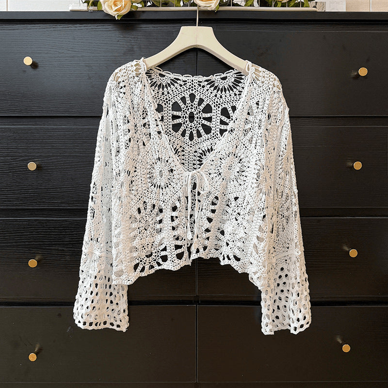 qgtao outfit inspo Bohemian Ethnic Style Hollow-out Crocheted Thin Long-Sleeved Knitted Cardigan Women's Summer Lace-up Top
