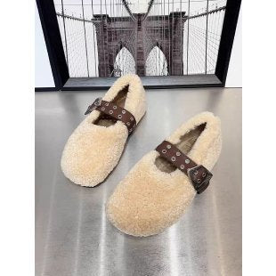 2025 Korean version of one-word Mary Jane autumn and winter new Doudou women's shoes plush flat-soled fluffy shoes single shoes cotton ladyshoes