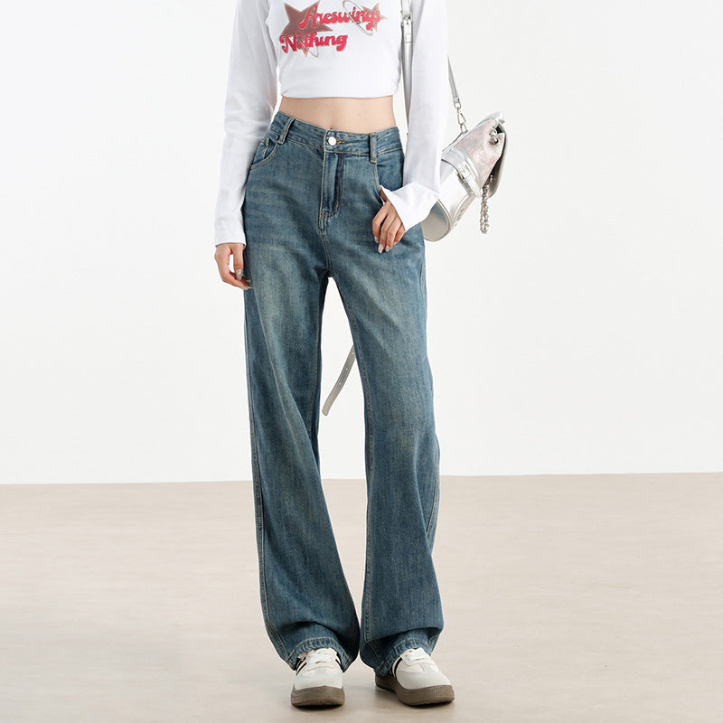 2025 7010 wide-leg jeans women's autumn new narrow version high-waisted drape versatile floor pants slim straight trousers
