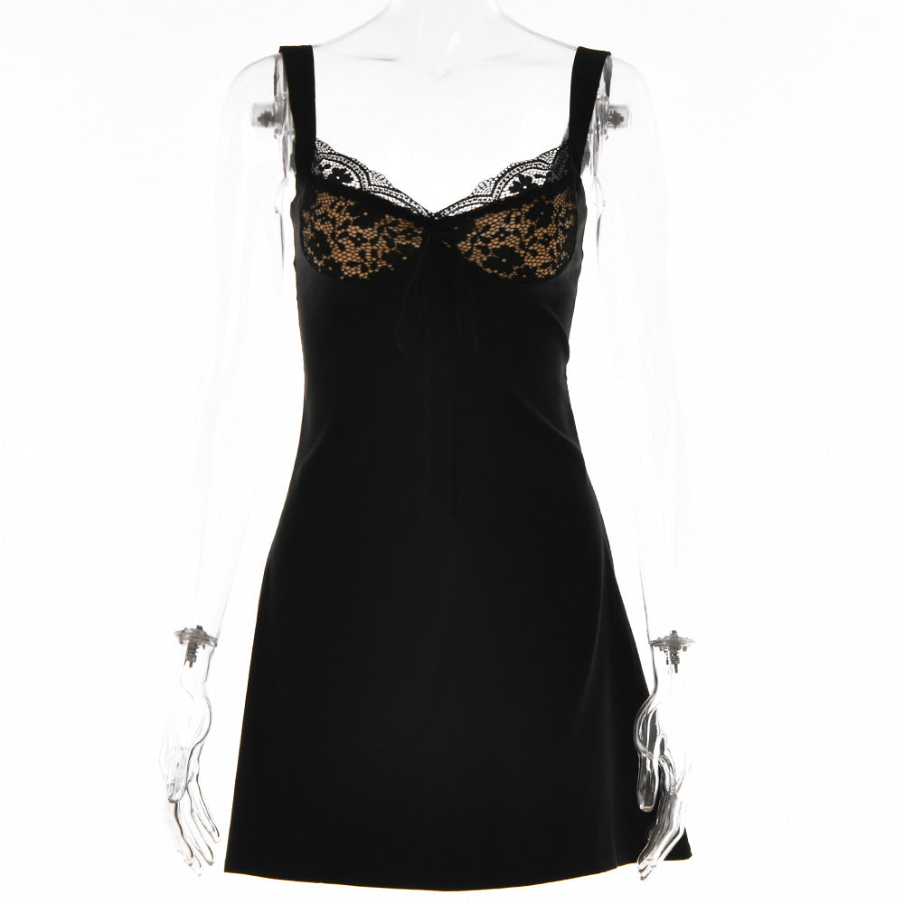 2025 New women's clothing sexy suspender dress women's autumn new fashion lace low-necked backless hip-wrapped short skirt
