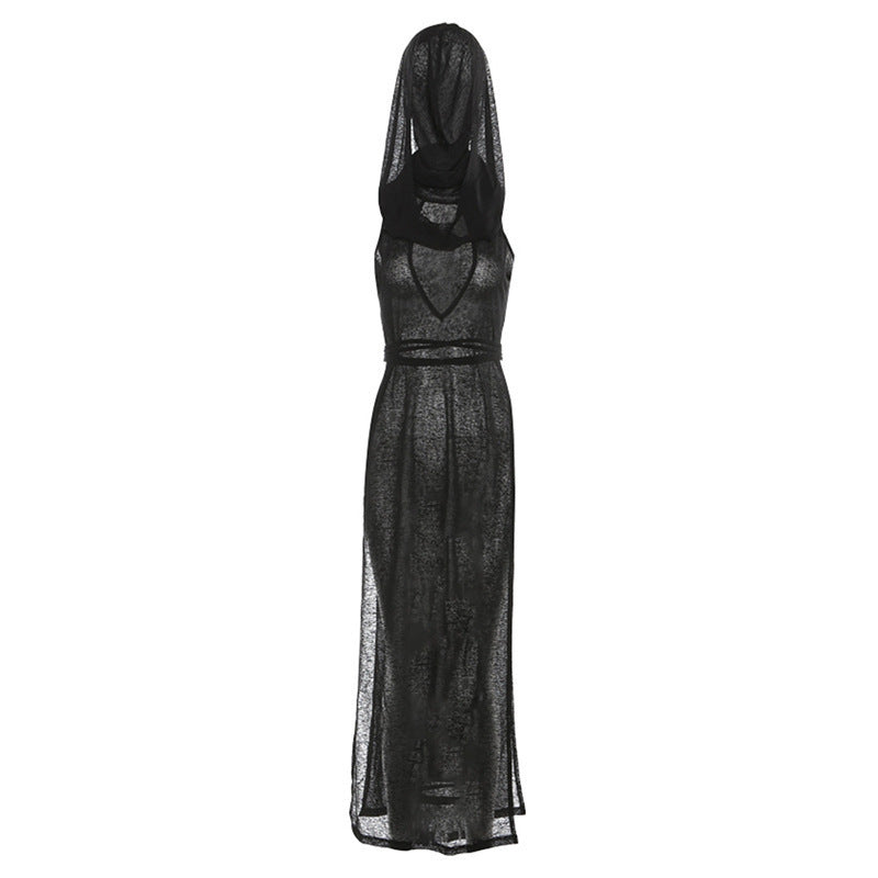 2025 style popular winter new women's clothing fashionable and sexy solid color hooded sleeveless high split dress
