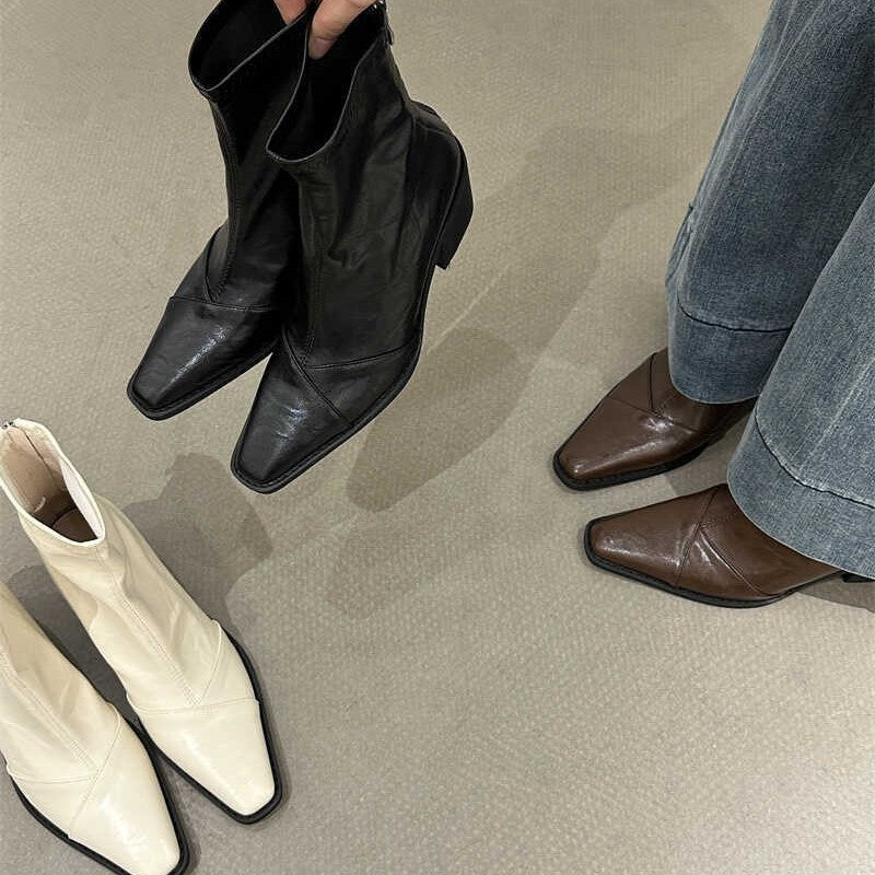 2025 popular autumn and winter new 2025 style square head thick heel high heel short boots women's retro versatile rear zipper fashion Martin boots