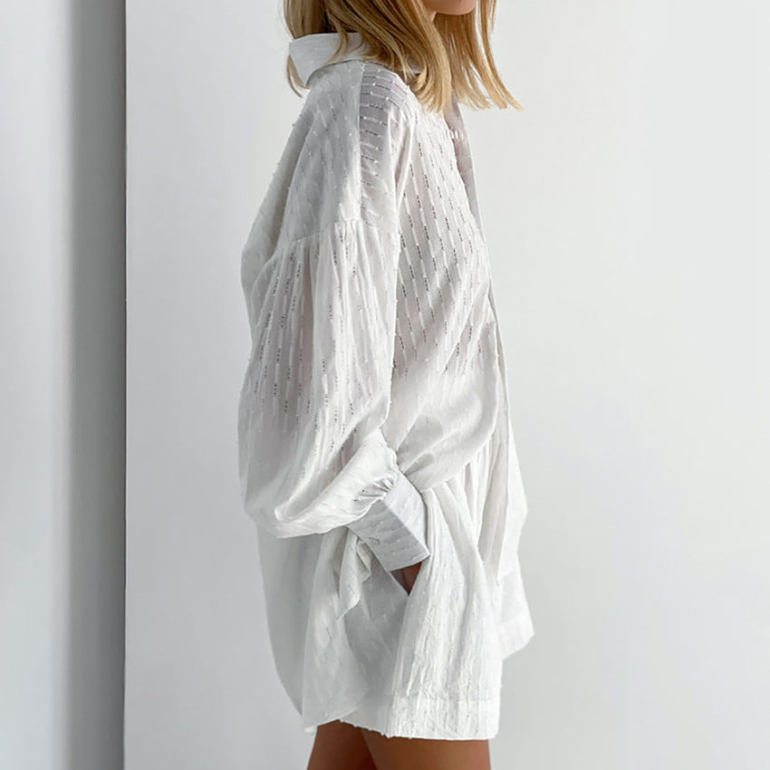 2025 popular Summer Women's Shirts Jacquard Bubble Sleeves Temperament Tops Shorts Commuter Design Casual Suit