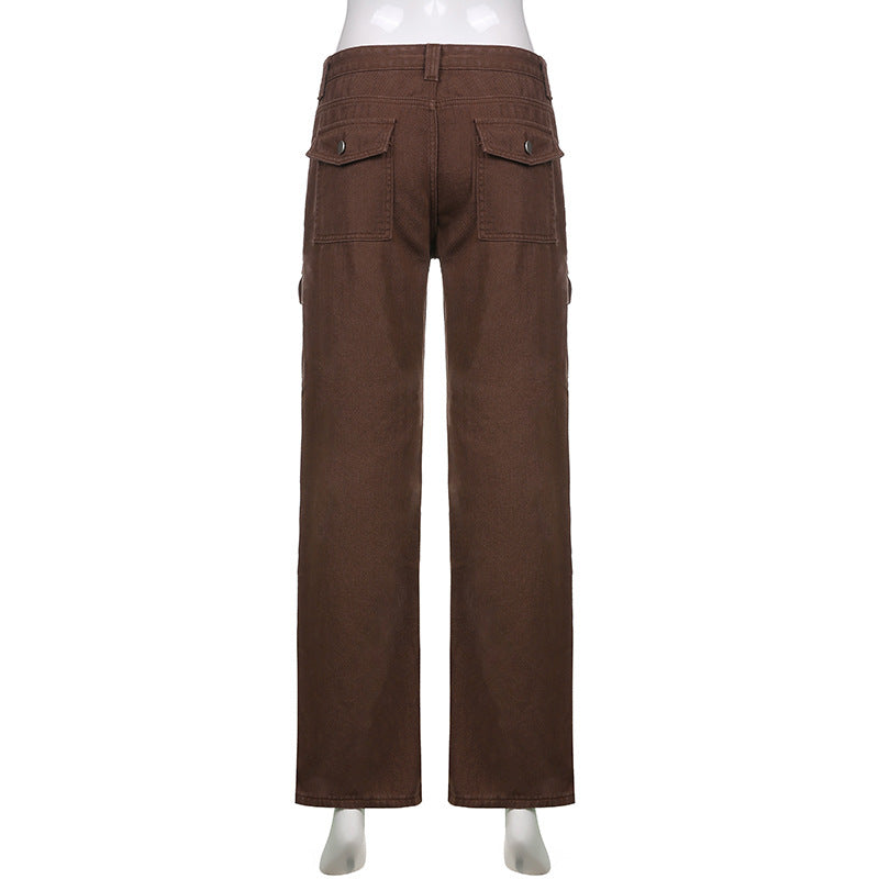 2025 2021 Popularan Station New Women's Clothing Multi-Pocket Design High Waist Slim Fit Hip Lift Street Shot Denim Overalls Trousers