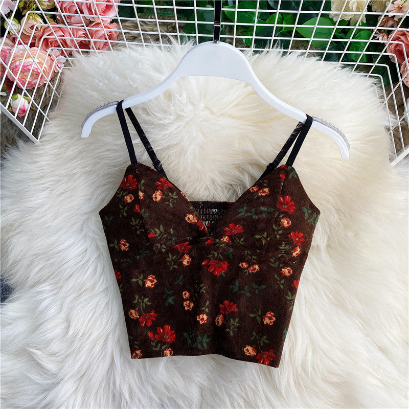 qgtao outfit inspo Small Floral V-neck Short Sexy Tube Top off-the-Shoulder Slim Inner Strap Sleeveless Wrapped Chest Vest Outer Top for Women