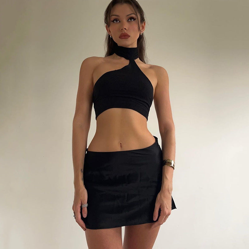 2025 style neck top short skirt set women's autumn hot-selling new sexy backless slit two-piece set