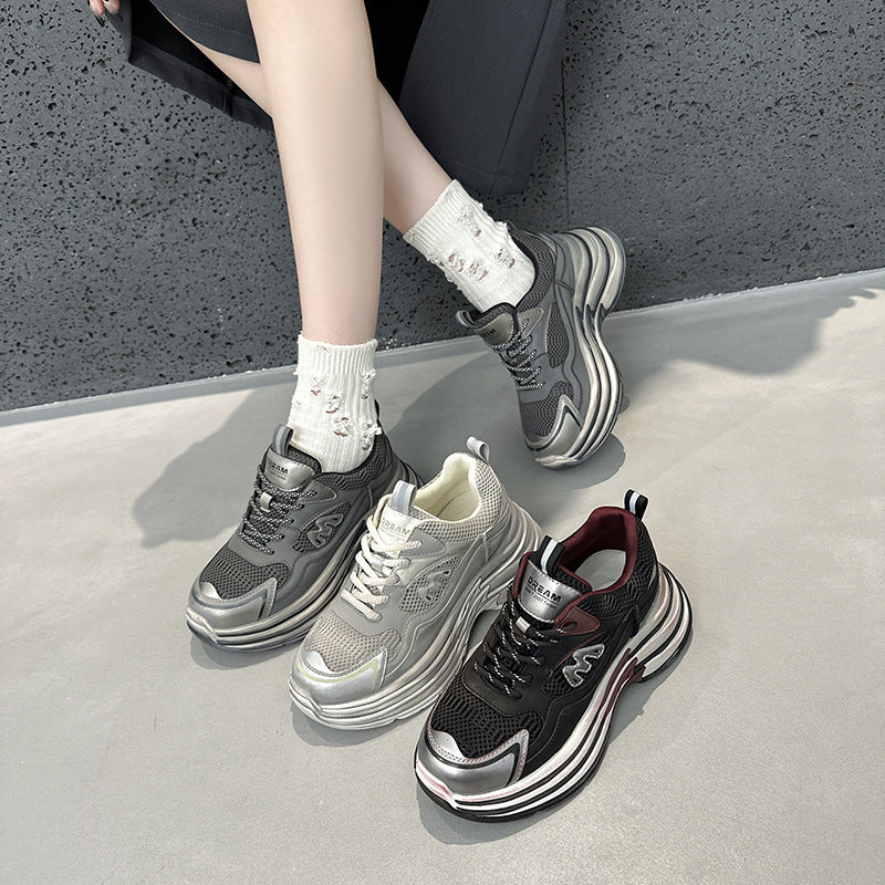 2025 Leather platform dad shoes women's popular autumn new Korean version breathable and versatile, light and non-slip casual sports shoes tide