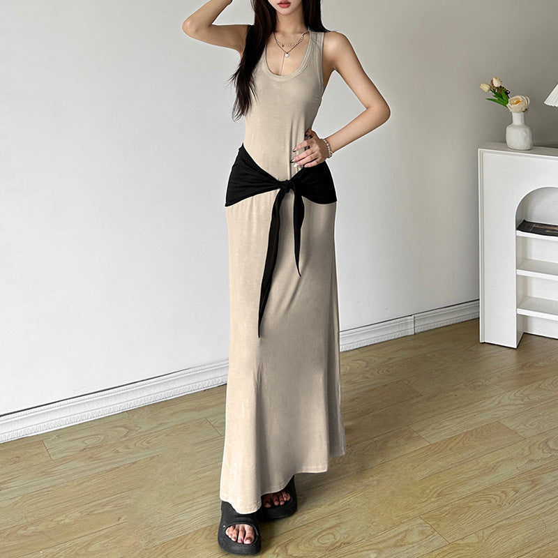 2025 style popular summer new women's clothing high-end temperament loose hip-wrapped solid color waist-sealed dress