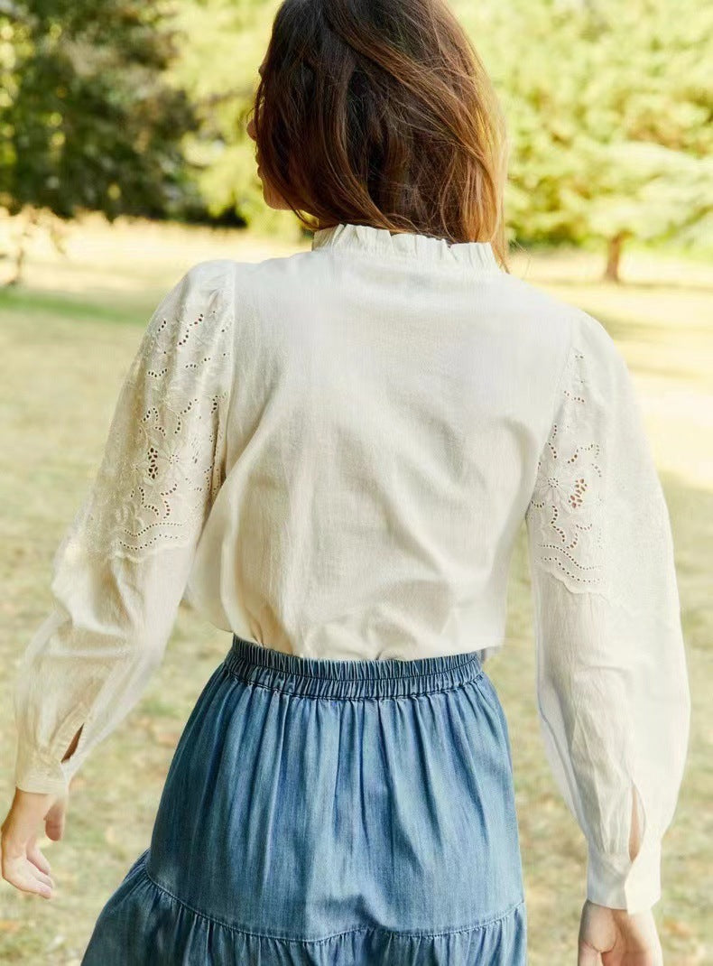 2025 literary shirt popular new hollow daisy embroidered cotton lace collar bubble sleeve shirt women 31514