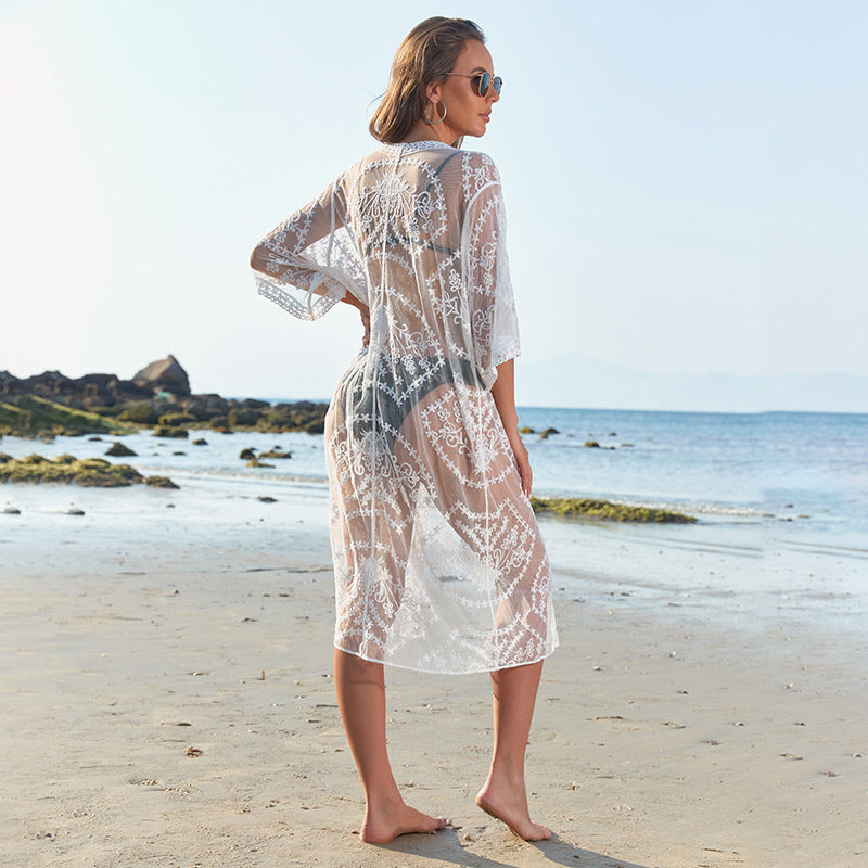 2025 new lace water-soluble sunscreen shirt for women, grid flower see-through swimsuit bikini sunscreen shirt for women