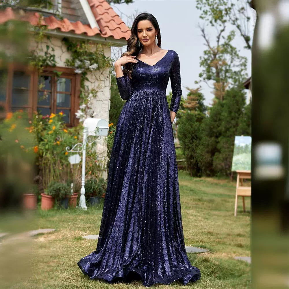 2025dresses new elegant sequins V-neck long sleeves fashion trend banquet dresses factory supply