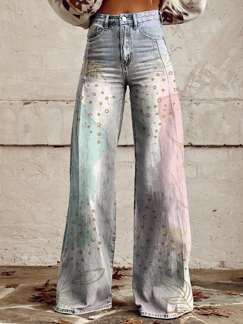 qgtao pants Rainbow Women's Wide-Leg Pants New Thermal Transfer plus Size Flared Pants Women's Trousers
