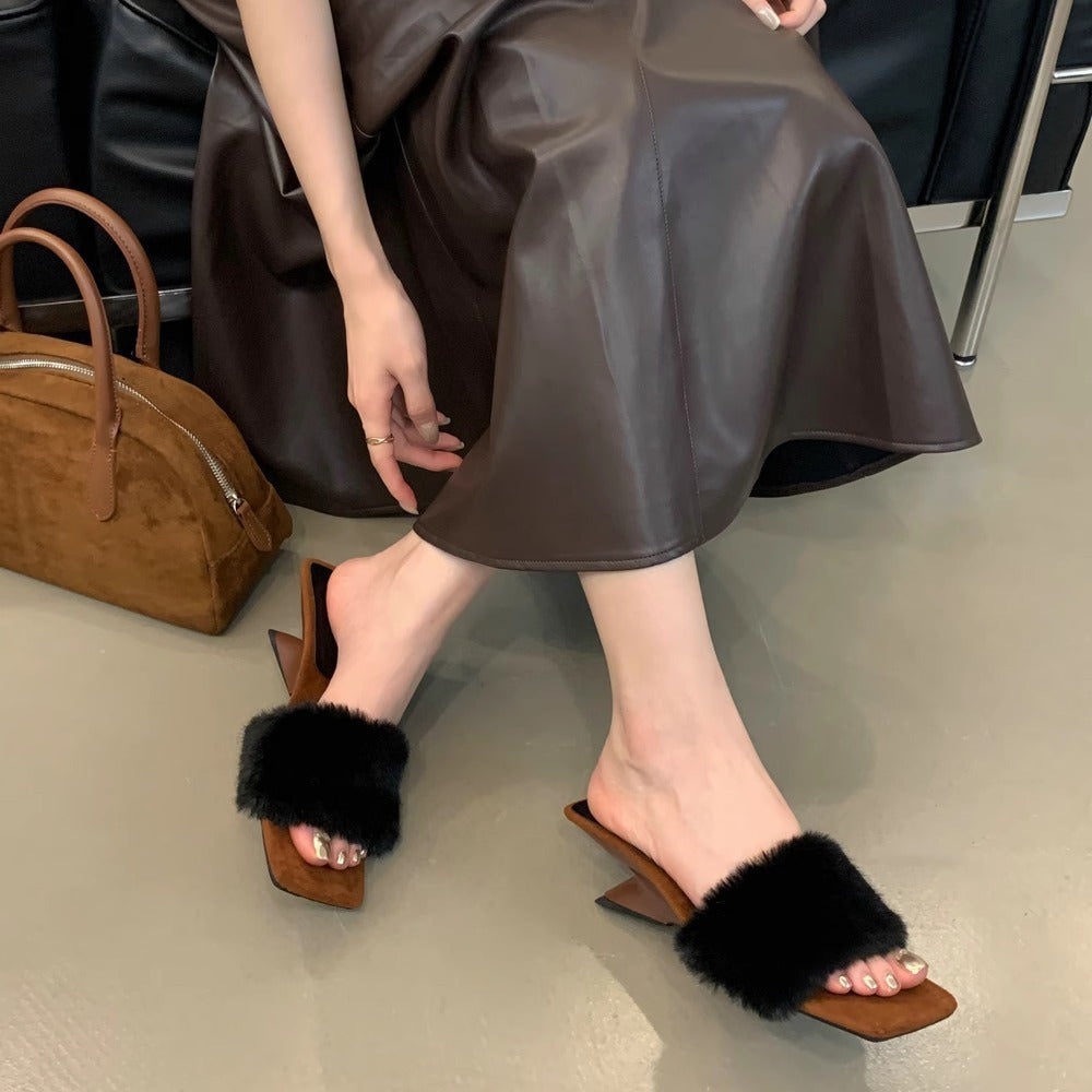 2025 Gentle wind slope heel fluffy slippers female popular autumn and winter height increase fairy with skirt cotton slippers