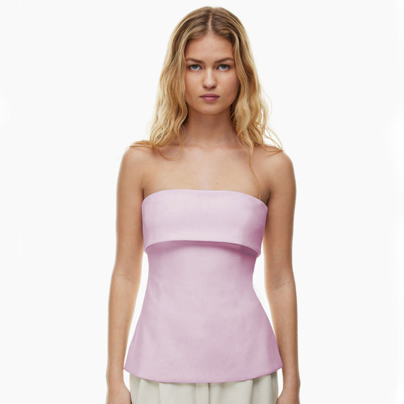 qgtao going out outfits Women's Summer New Solid Color Sleeveless Backless Wide Lapel Slit Tube Top Sexy Top for Women