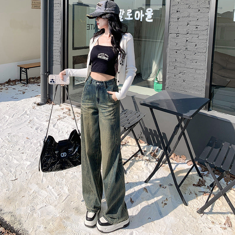 2025 Salt fried street pants nostalgic blue jeans women's high waist and thin design sense small wide leg floor pants