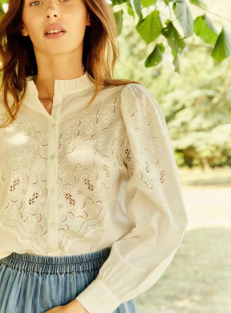 2025 literary shirt popular new hollow daisy embroidered cotton lace collar bubble sleeve shirt women 31514