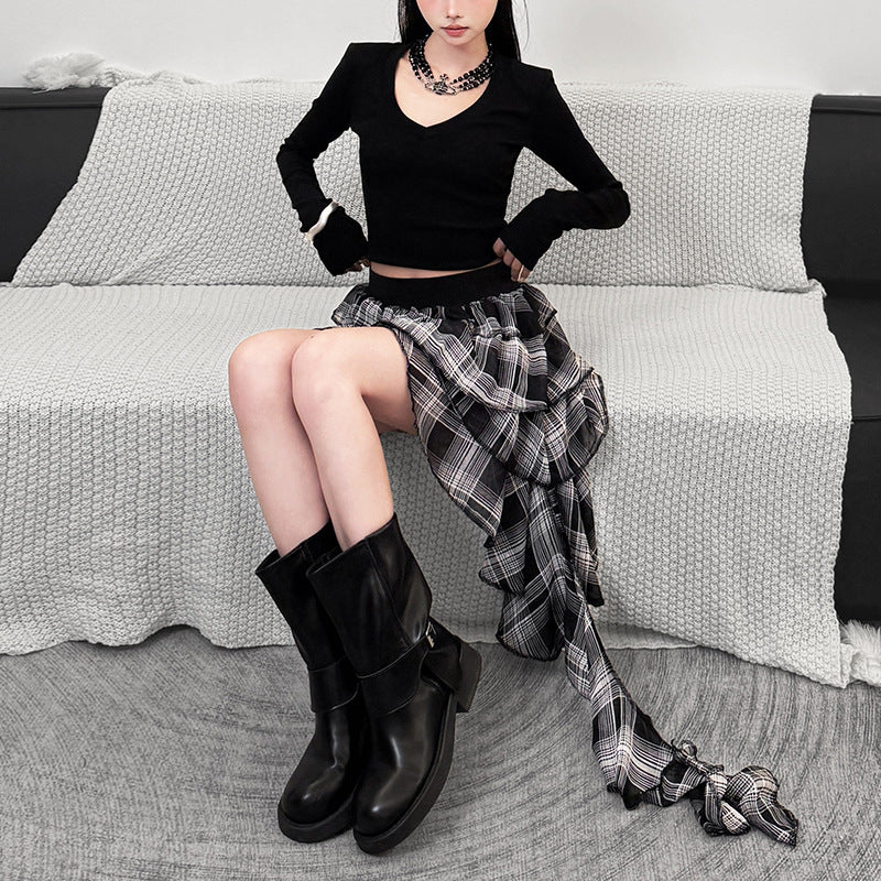 2025 style spring new women's clothing three-dimensional ruffle edge splicing design high-waisted plaid skirt