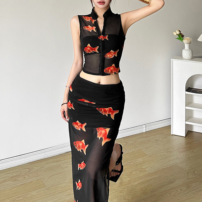 qgtao dti outfits 2024 Style Summer New Women's Solid Color Slim Sleeveless Top Fashion Low Waist Skirt Suit