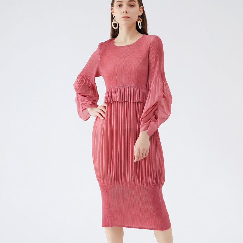 2025 spring simple design girly feeling fresh and sweet pleated bubble sleeves lantern dress dress dress medium and long dress women