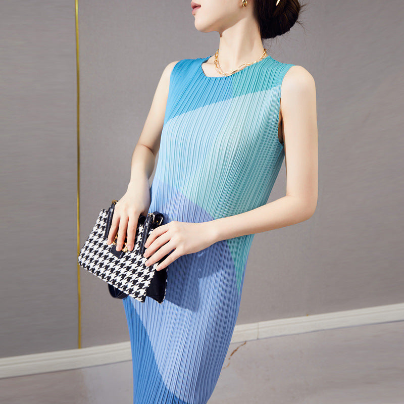 Folded skirt summer women's clothing wholesale long sleeveless printing thin versatile commuter design dress