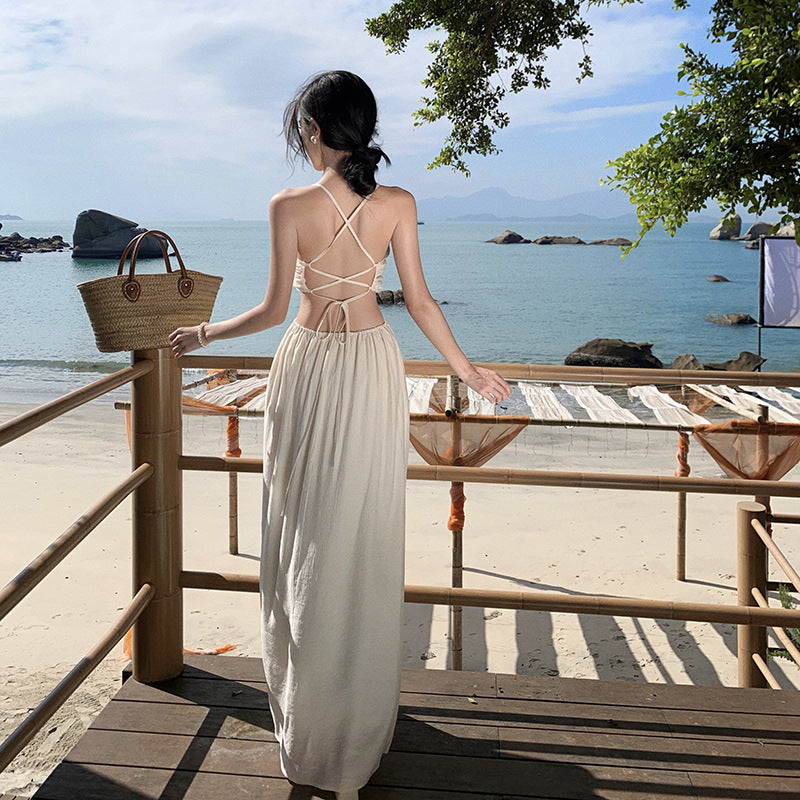 2025 Thai holiday style neck strap halter sexy suspender dress pure desire temperament advanced sense hollow long dress summer