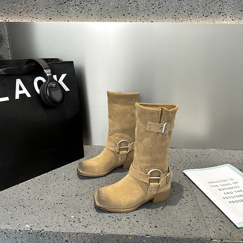 2025 Leather Cow Velvet Wasteland Boots Merad Western Cowboy Boots Khaki Belt Buckle Pile Boots