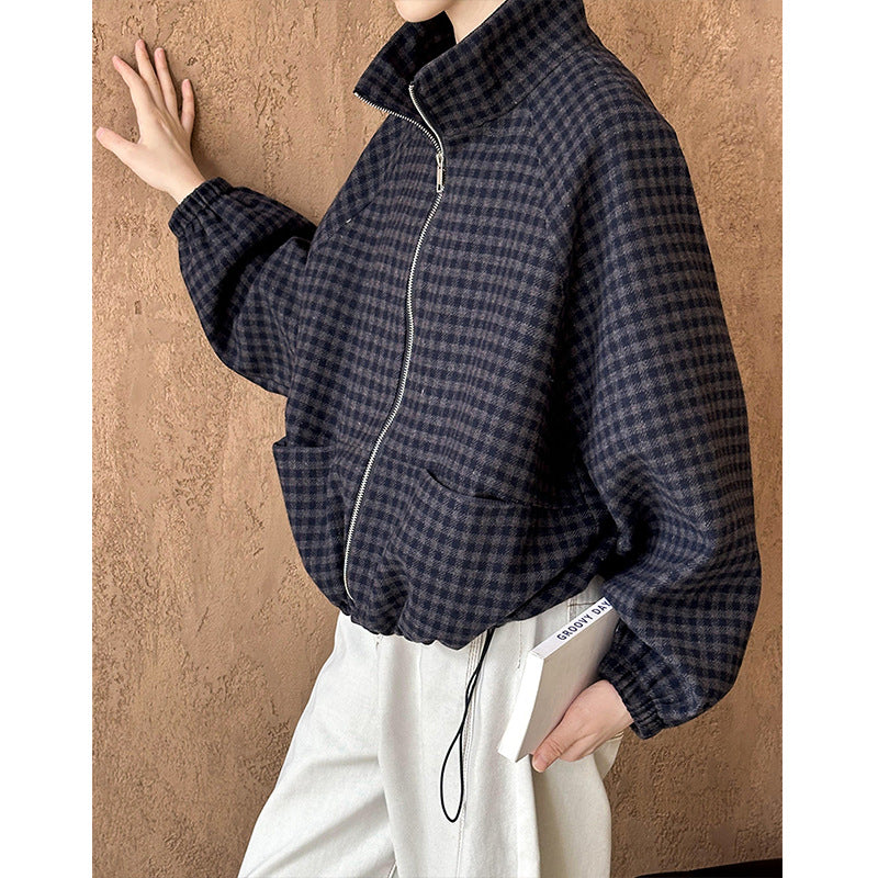 2025 popular autumn new top Korean version retro stand-up collar plaid loose and thin versatile jacket 807-5
