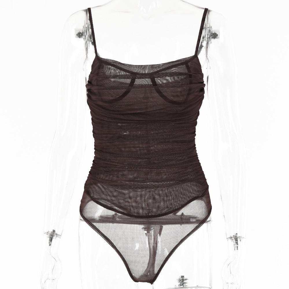 2025 style INS summer new onesie women's solid color fashionable and sexy suspender backless double-layer mesh bottoming shirt