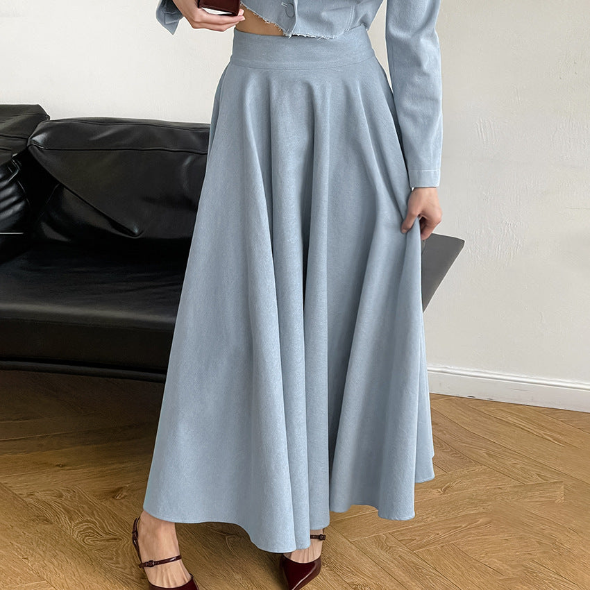 2025 spring and summer high temperament blue high waist versatile cotton and linen skirt new fashion versatile long dress women