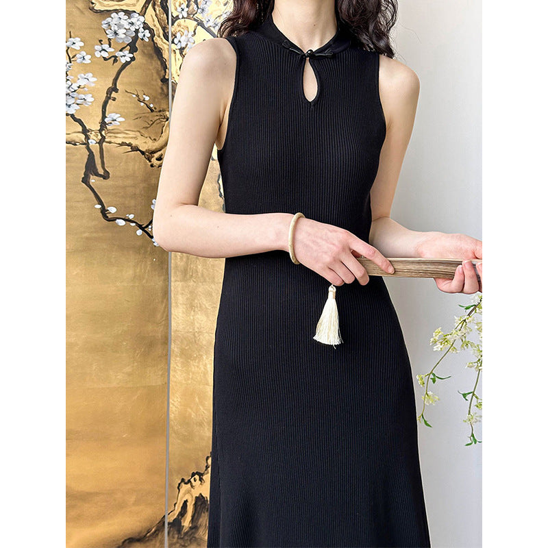 2025 popular spring and summer new Chinese retro buckle knitted dress female slim and thin long dress 511-1