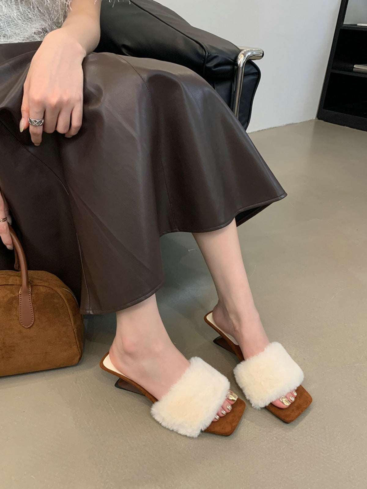 2025 Gentle wind slope heel fluffy slippers female popular autumn and winter height increase fairy with skirt cotton slippers