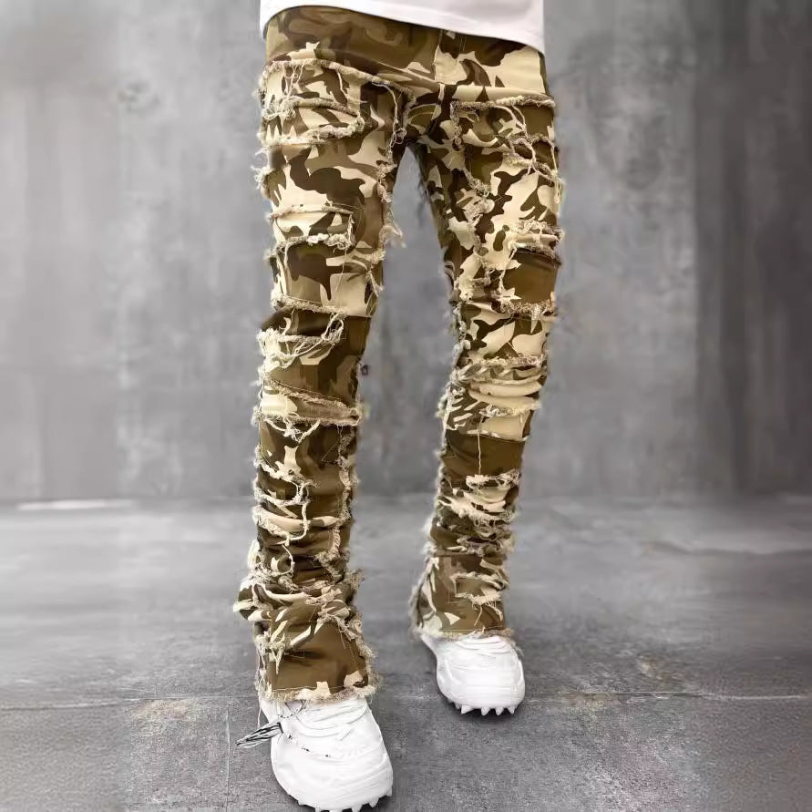 2025 Cross-border new men's denim straight pants, 2025 street fashion ins popular elastic sticker denim straight pants