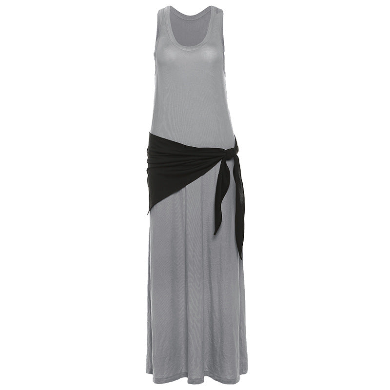 2025 style popular summer new women's clothing high-end temperament loose hip-wrapped solid color waist-sealed dress