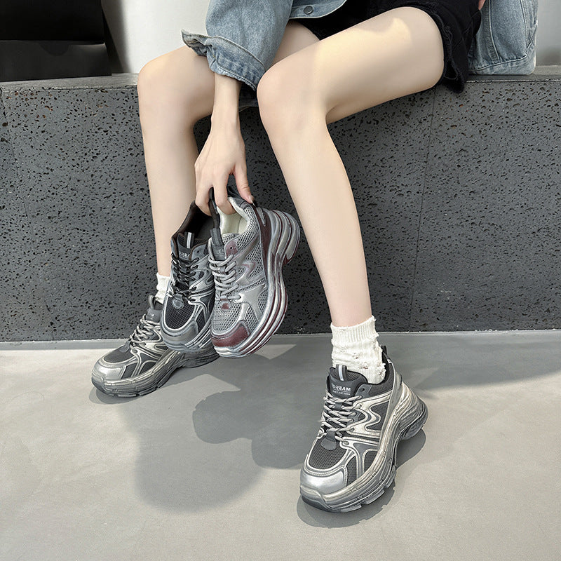 2025 Leather platform dad shoes women's popular autumn new Korean version breathable and versatile, light and non-slip casual sports shoes tide